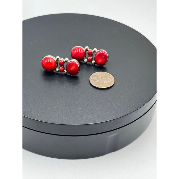 Vintage 950 Mexican Sterling Silver Red Coral Drop Post Earrings Taxco Style - Picture 3 of 11